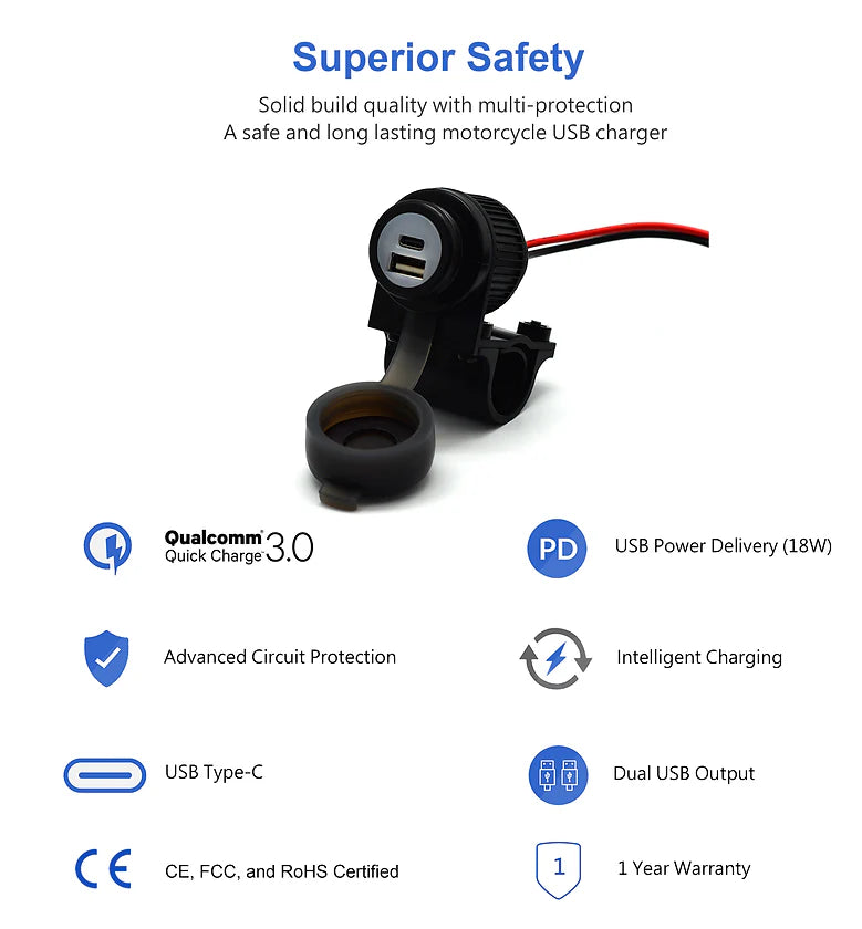 CLIFF TOP - 36W PD TYPE C AND QC 3.0 MOTORCYCLE CHARGER