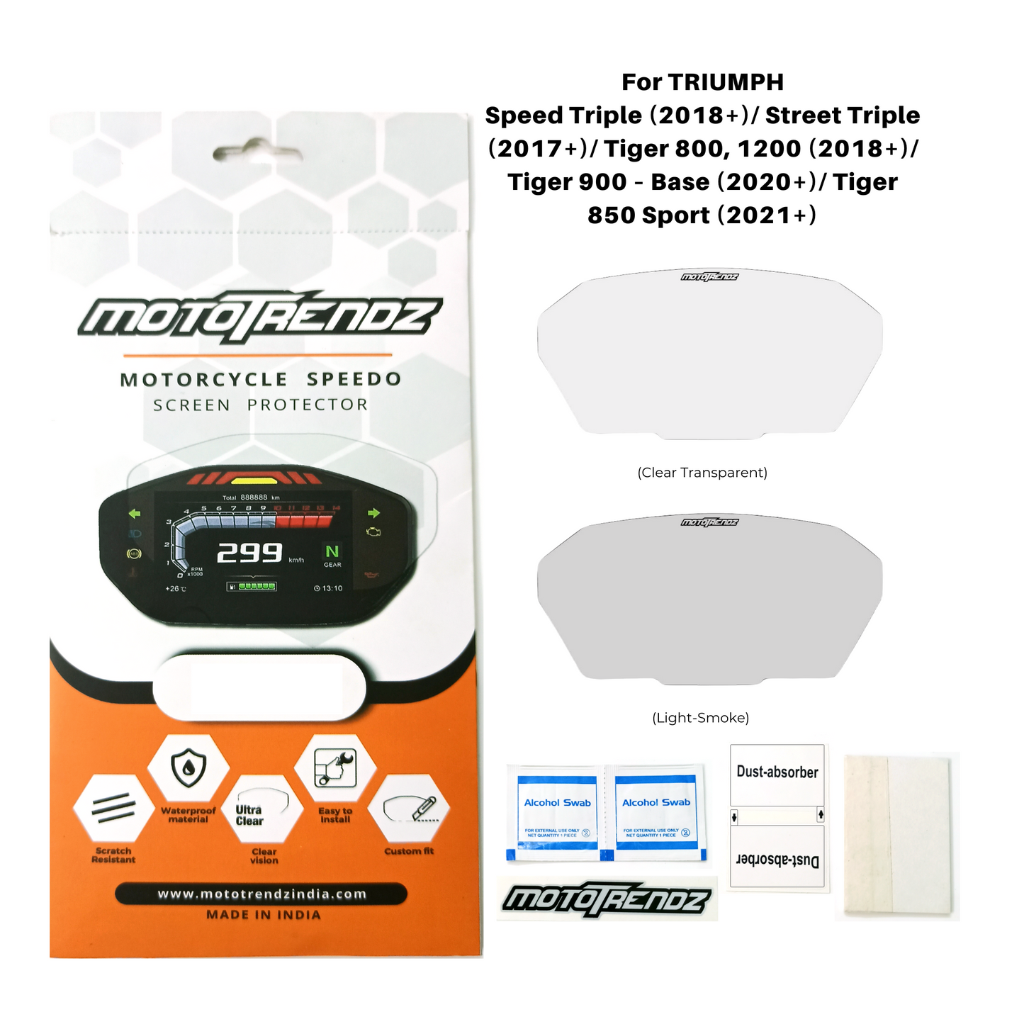 Motorcycle Speedo Screen Protector – Triumph Speed Triple (2018+) / Street Triple (2017+) / Tiger 800 / Tiger 1200 (2018+) / Tiger 900 (Base) (2020+) / Tiger 850 Sport (2021+)